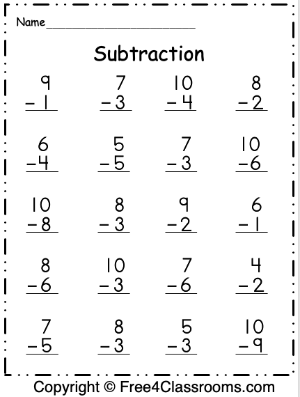 Free 1st Grade Subtraction Worksheets 1 Digit Free4Classrooms