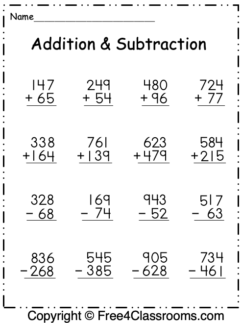 Free Addition And Subtraction Worksheets 3 Digit With Regrouping 