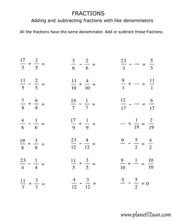 Free Printables For Kids Math Fractions Worksheets Adding And 