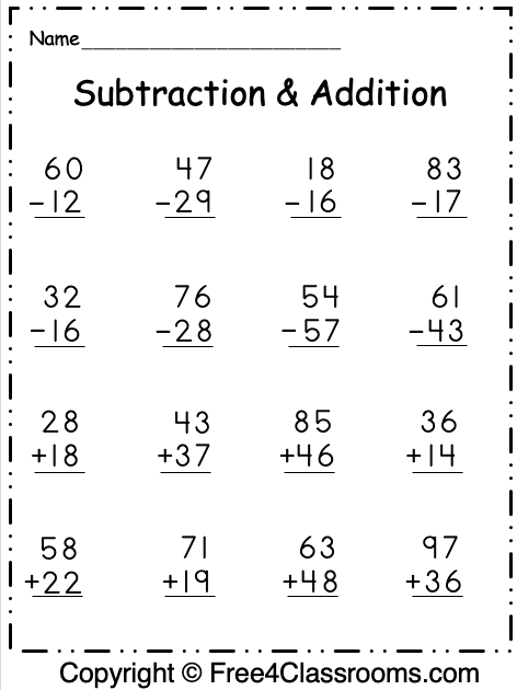 Free Subtraction And Addition Worksheets 2 Digit With Regrouping 