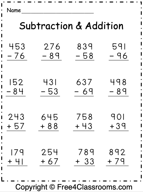 Free Subtraction And Addition Worksheets 3 Digit With Regrouping