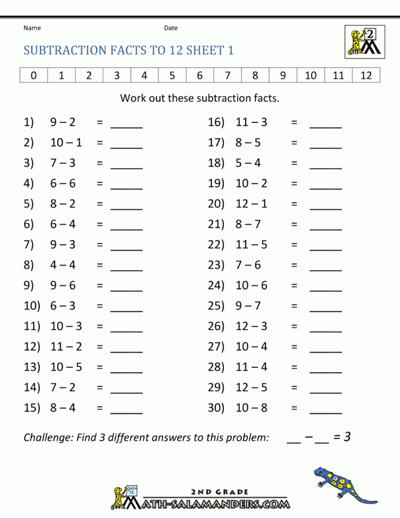 Free Subtraction Worksheets To 12