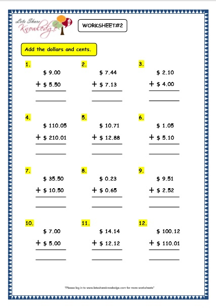 Grade 3 Maths Worksheets 10 2 Addition And Subtraction Of Money 