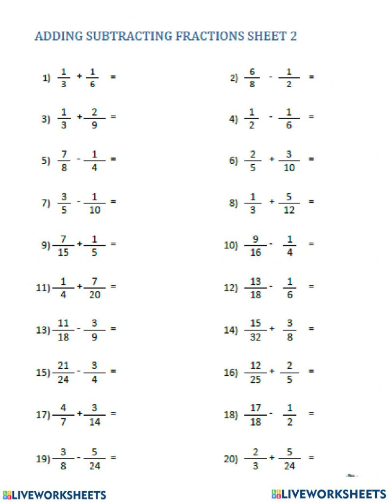 Grade 5 Fractions Worksheet Subtracting Unlike Fractions K5 Learning 