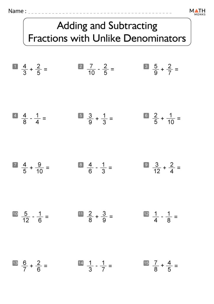 Grade 5 Fractions Worksheet Subtracting Unlike Fractions K5 Learning 