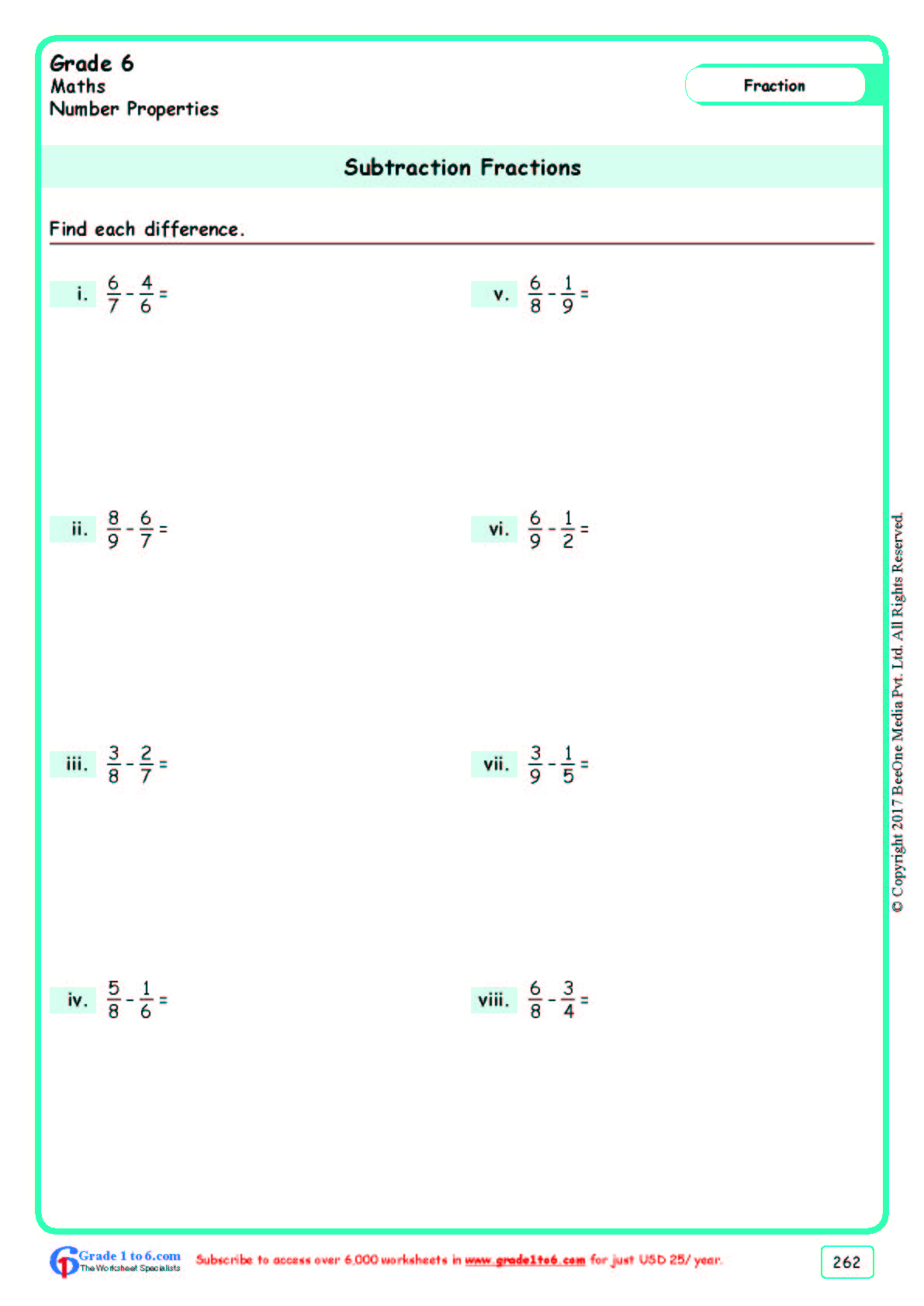 Grade 6 Subtracting Fractions Worksheets www grade1to6