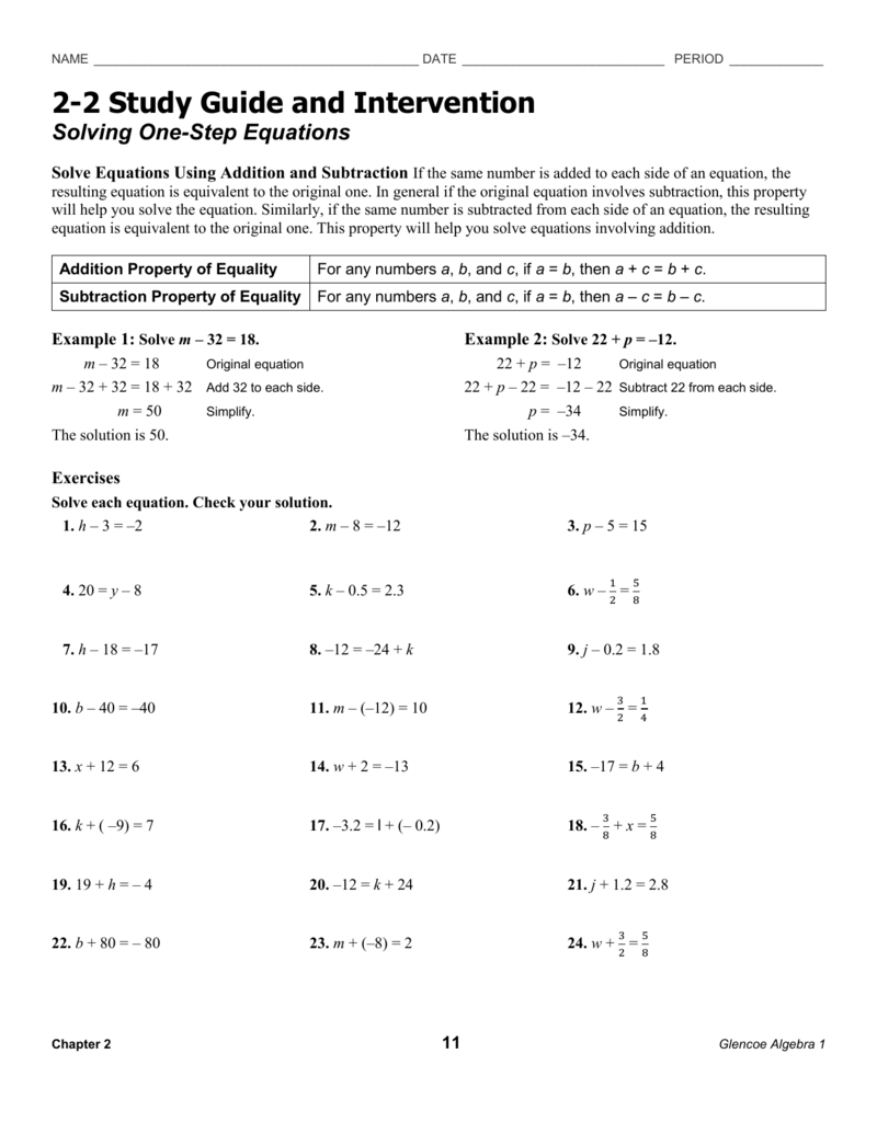 Lesson 1 Solve One Step Addition And Subtraction Equations Answer Key 