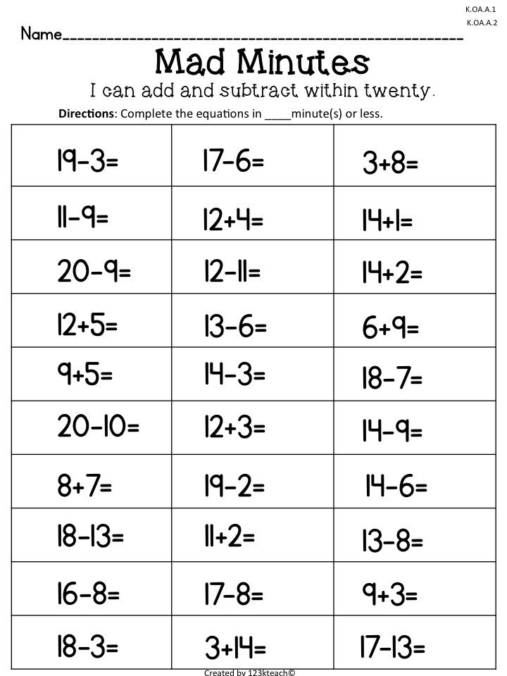 Mad Minutes Add Subtract Within 20 Common Core 1 OA C 5 1 OA C 6 