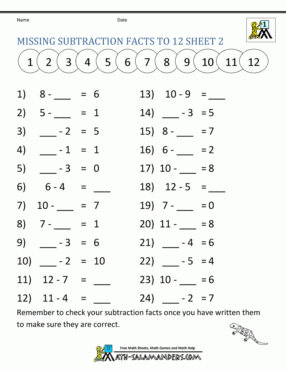 Math Subtraction Worksheets 1st Grade