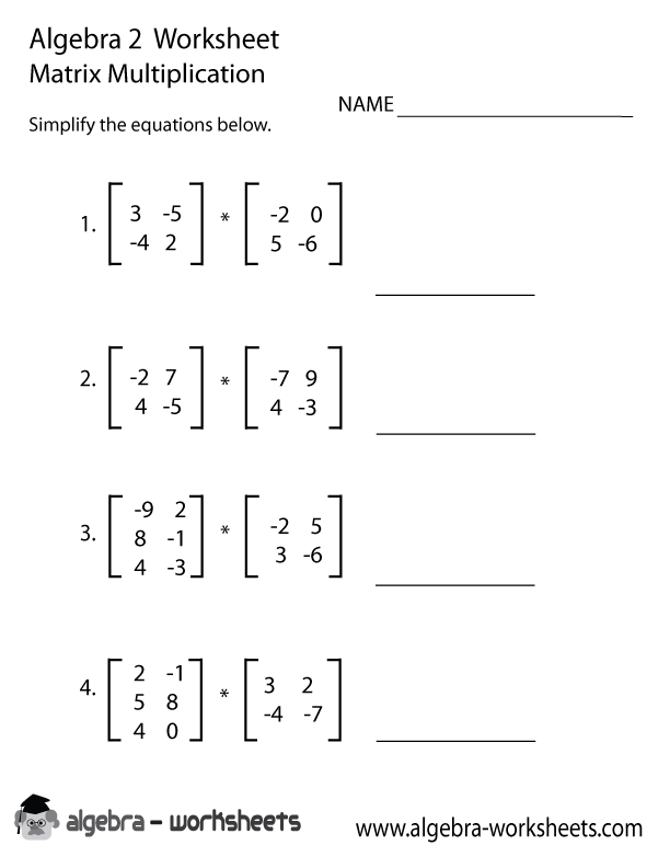 Matrix Multiplication Algebra 2 Worksheet Printable Algebra 2 