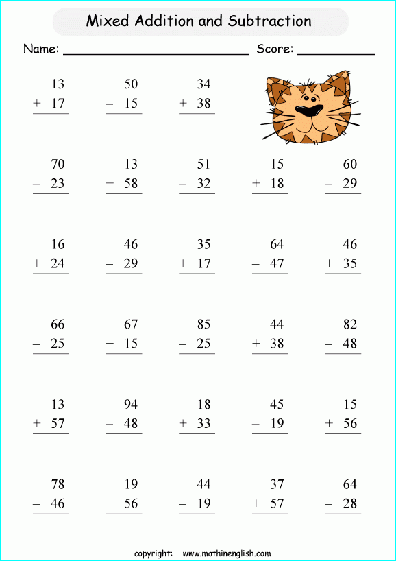 Mixed Addition And Subtraction 2 Digit Numbers Printable Grade 1 Math 