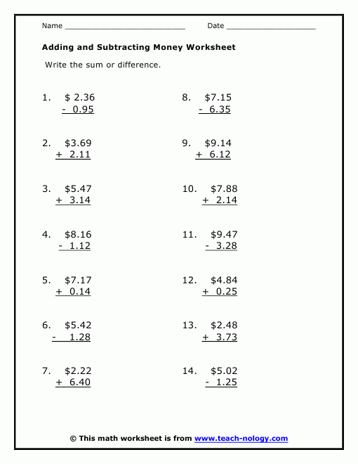 Money Addition And Subtraction Worksheets 99Worksheets