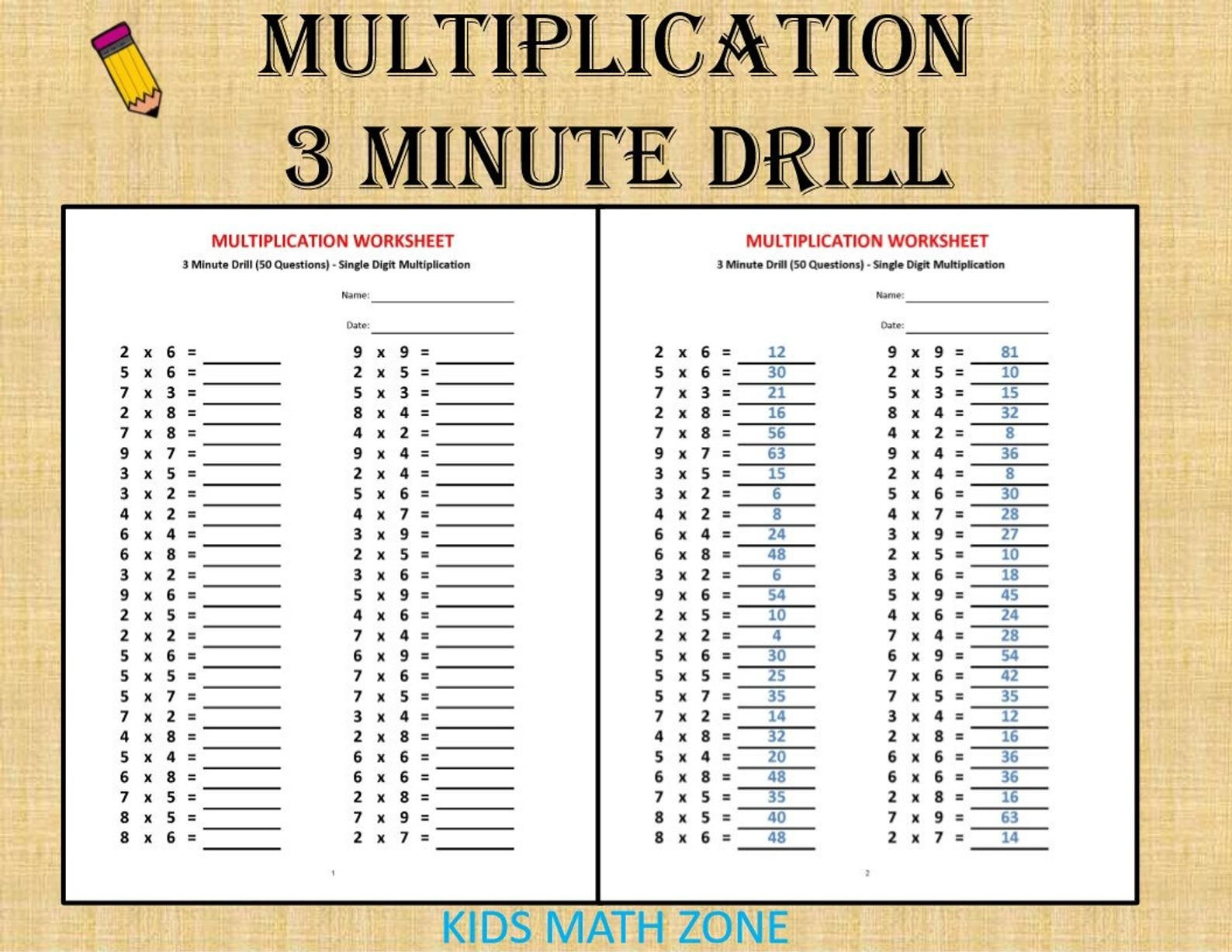 Multiplication 3 Minute Drill H With Answers 10 Sheets pdf Etsy 