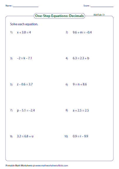 One Step Equation Addition And Subtraction