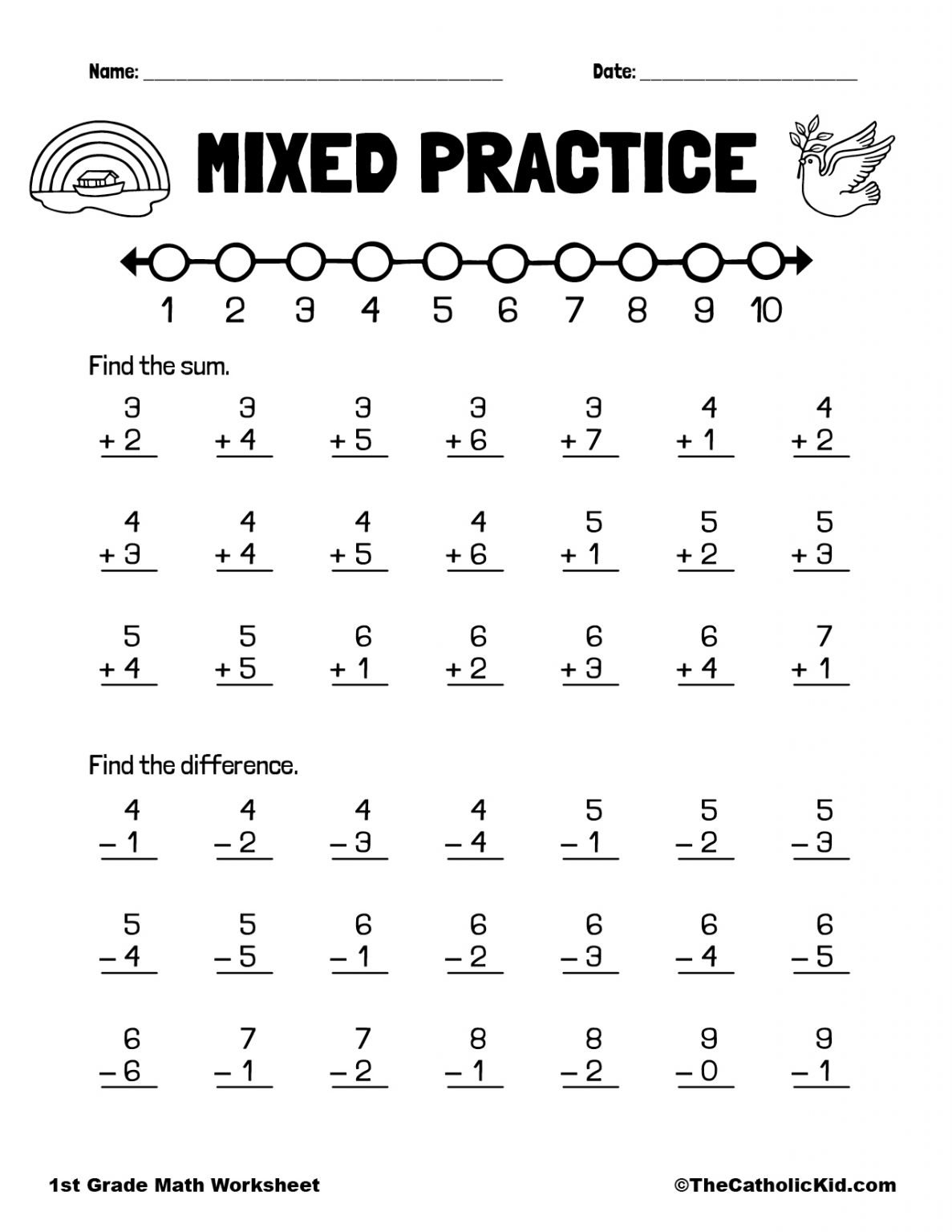 Practice Addition Subtraction 1st Grade Math Worksheet Catholic 