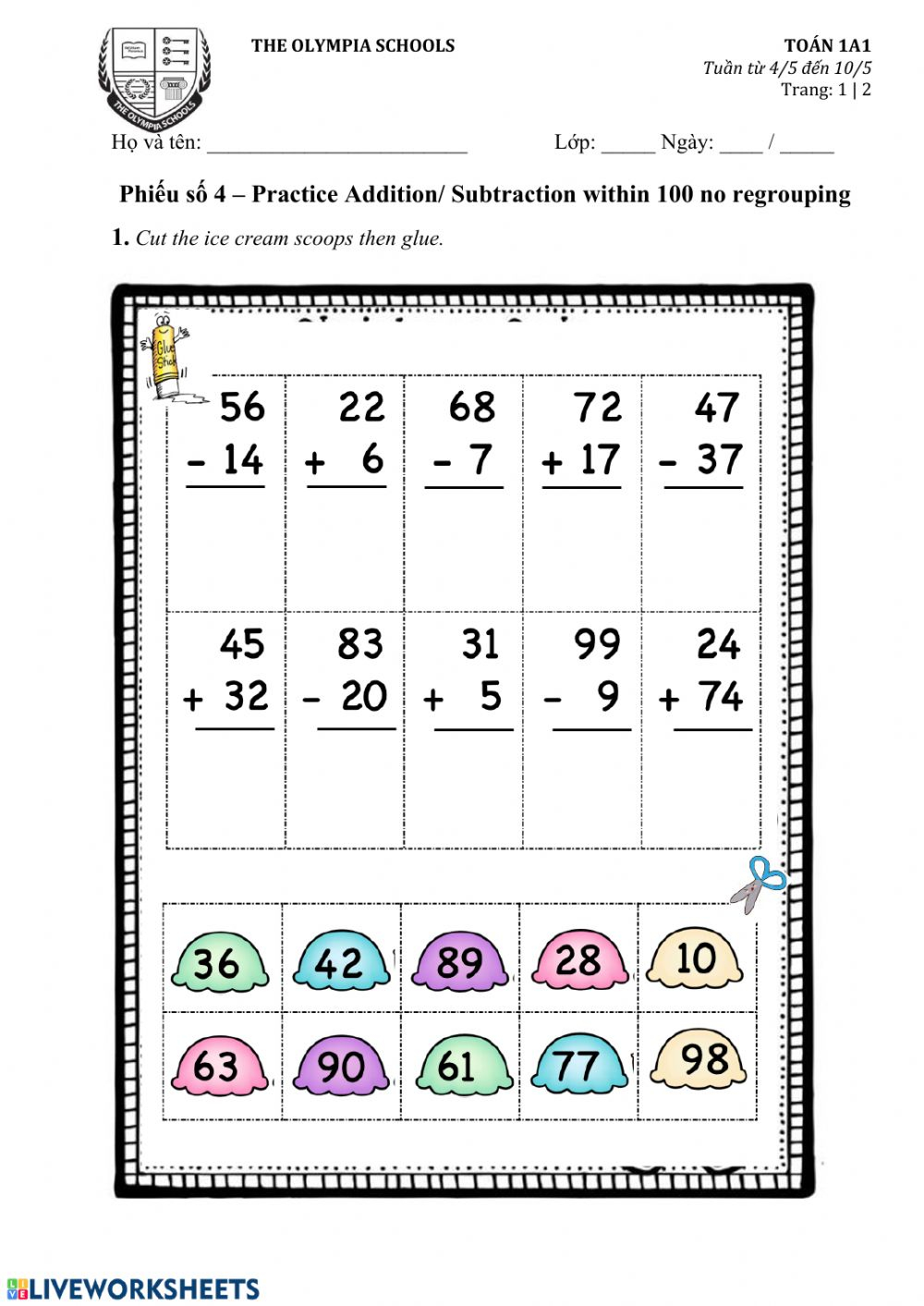 Practice Additon Subtraction Within 100 No Regrouping Interactive Worksheet