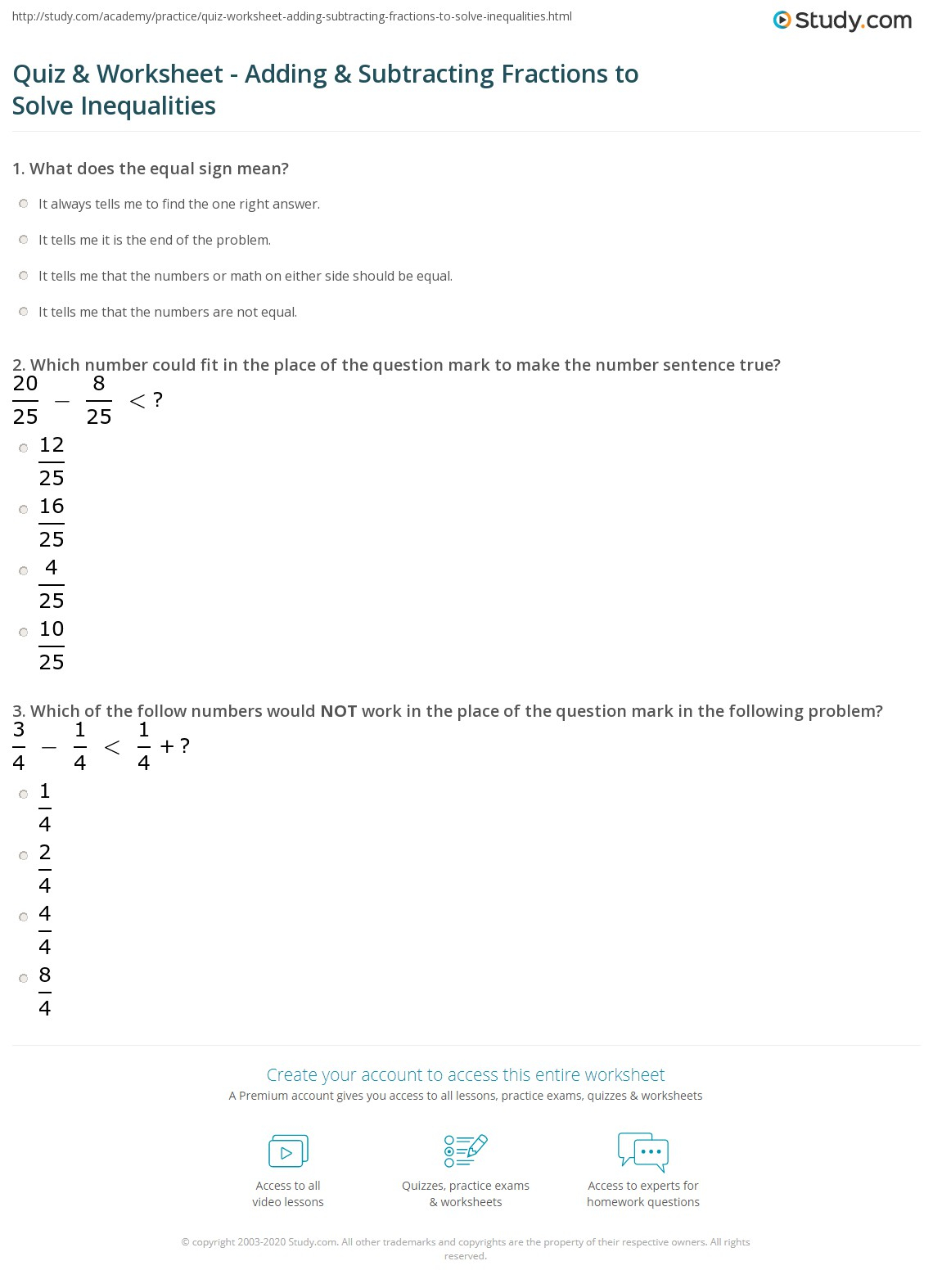 Quiz Worksheet Adding Subtracting Fractions To Solve Inequalities 