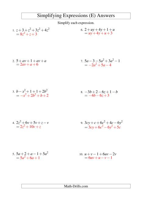 Simplifying Algebraic Expressions With Two Variables And Five Terms