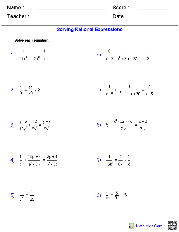 Simplifying Rational Expressions Worksheet Answer Key 