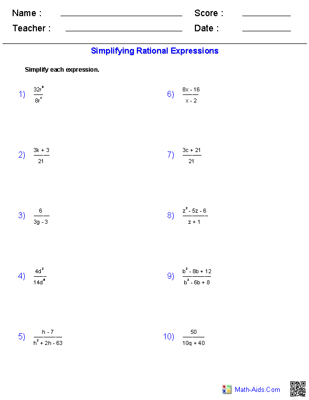 Simplifying Rational Expressions Worksheets Simplifying Rational 