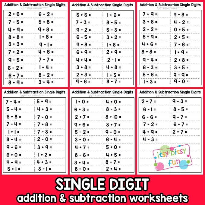 Single Digit Addition And Subtraction Worksheet Itsybitsyfun
