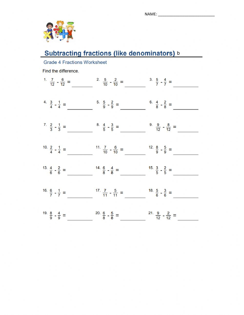 Subtracting Fractions Like Denominators Interactive Worksheet