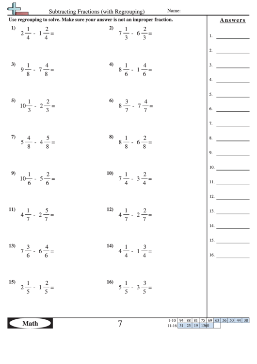 Subtracting Fractions With Regrouping Worksheet With Answer Key 