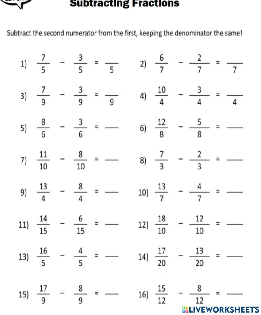 Subtracting Fractions With Same Denominator Worksheet