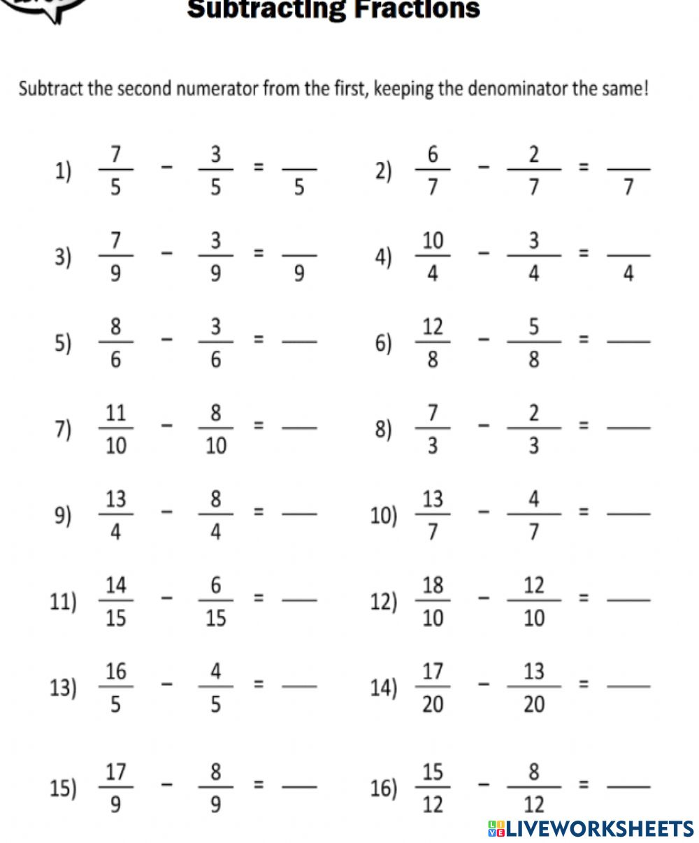 Subtracting Fractions With Same Denominator Worksheet