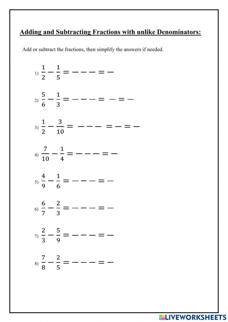 Subtracting Fractions With Unlike Denominators Interactive Worksheet