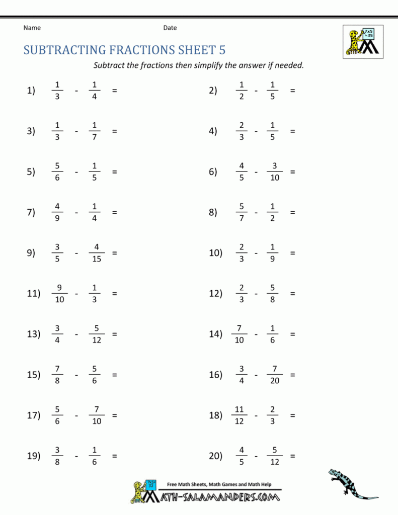 Subtracting Fractions Worksheets