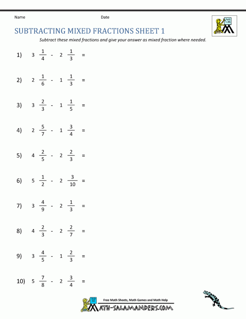 Subtracting Fractions Worksheets