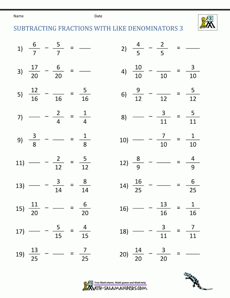 Subtracting Fractions Worksheets