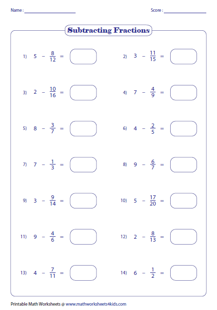 Subtracting Fractions Worksheets