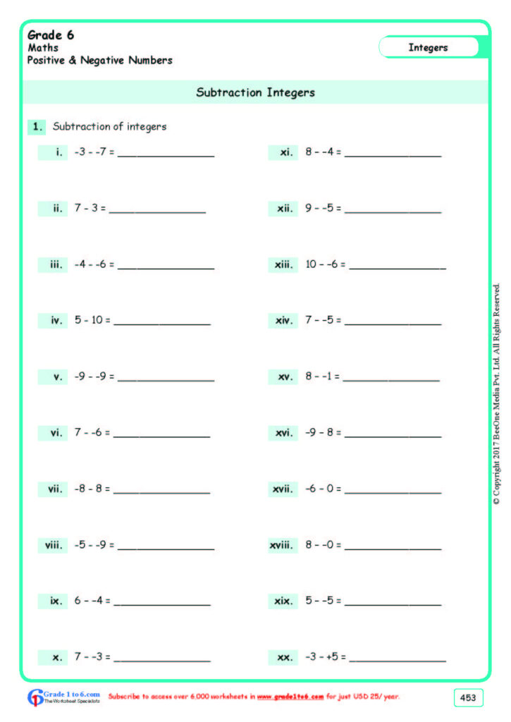 Subtracting Integers Worksheets Grade 6 www grade1to6