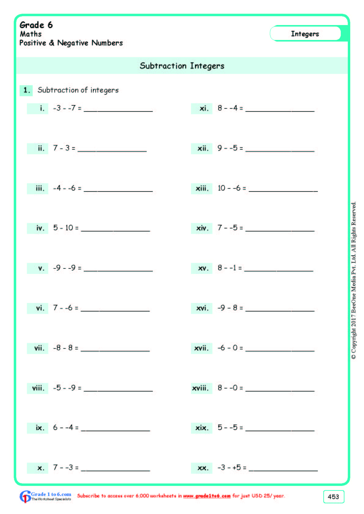 Subtracting Integers Worksheets Grade 6 www grade1to6