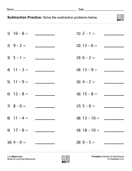 Subtraction Facts Practice Worksheet Set 2 Childrens Homeschool 