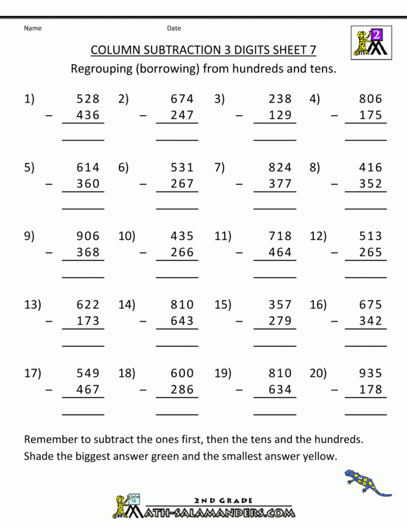 Subtraction Practice Column Subtraction 3 Digits 7 Addition And 