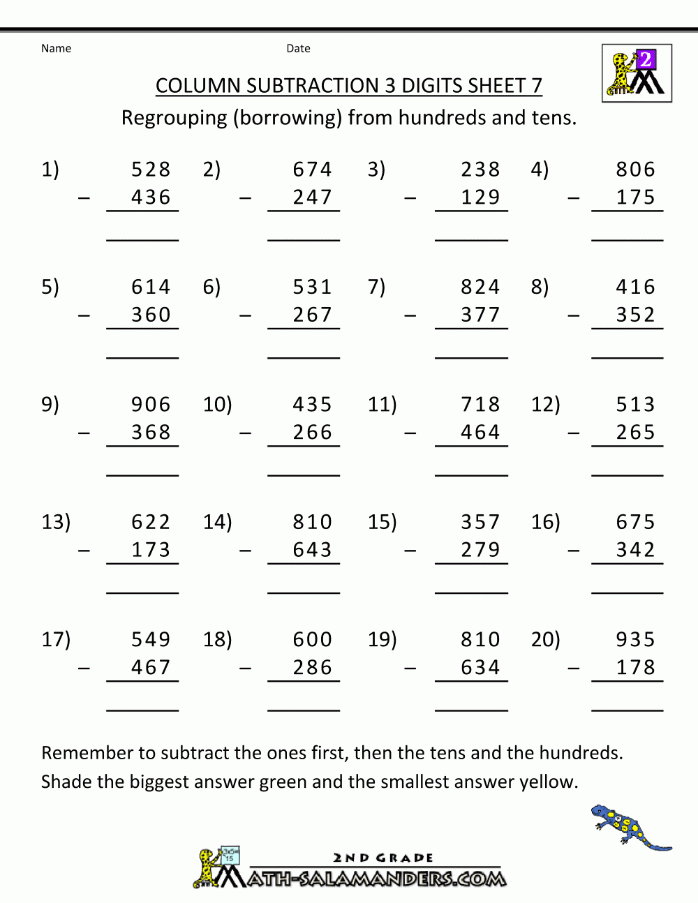 Subtraction Practice Column Subtraction 3 Digits 7 Addition And 