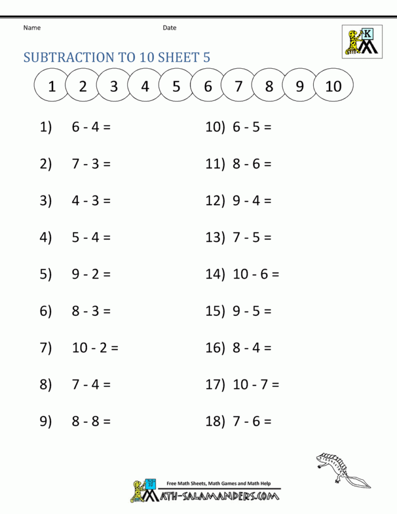 Subtraction To 10 Worksheets