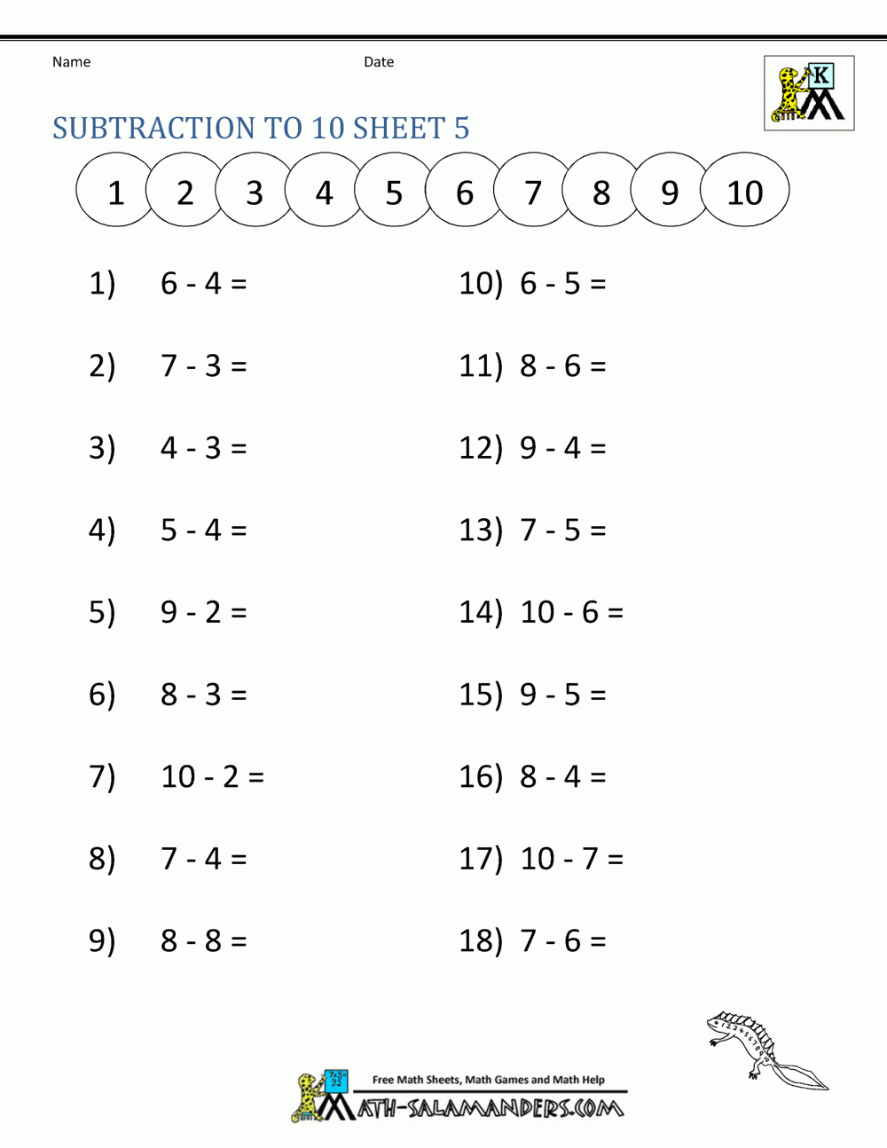 Subtraction To 10 Worksheets