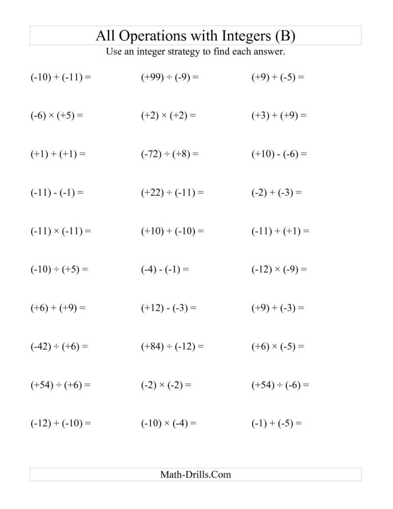 The All Operations With Integers Range 12 To 12 With All Integers In 