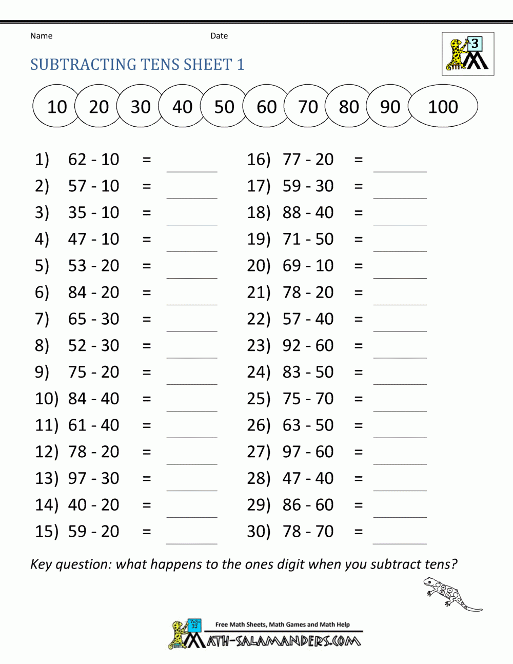 Third Grade Subtraction Worksheets