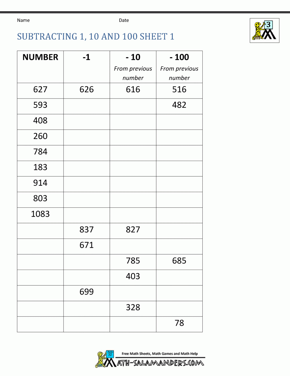 Third Grade Subtraction Worksheets