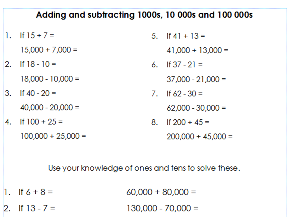 Year 5 6 Adding And Subtracting Multiples Of 10 100 1000 10000 