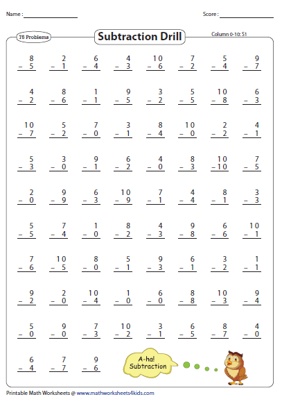 0 10 Subtraction Drills Worksheets