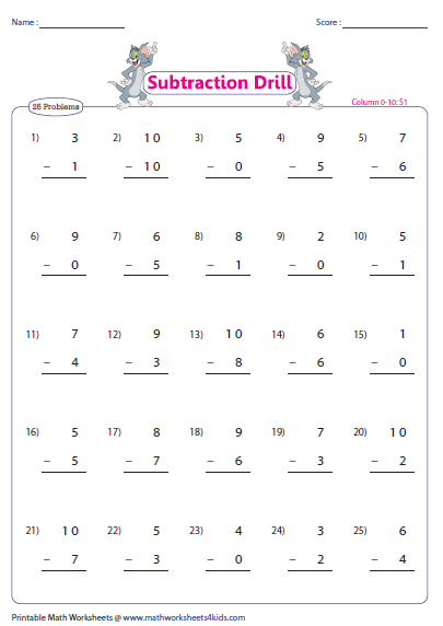 0 10 Subtraction Drills Worksheets