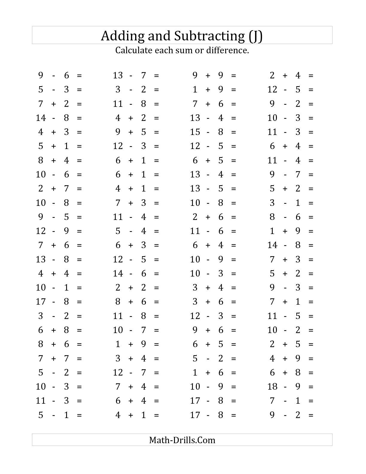 100 Horizontal Addition Subtraction Questions Facts 1 To 9 J Mixed 