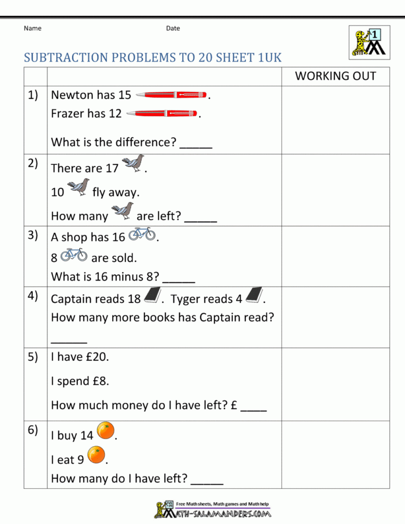 1st Grade Subtraction Word Problems