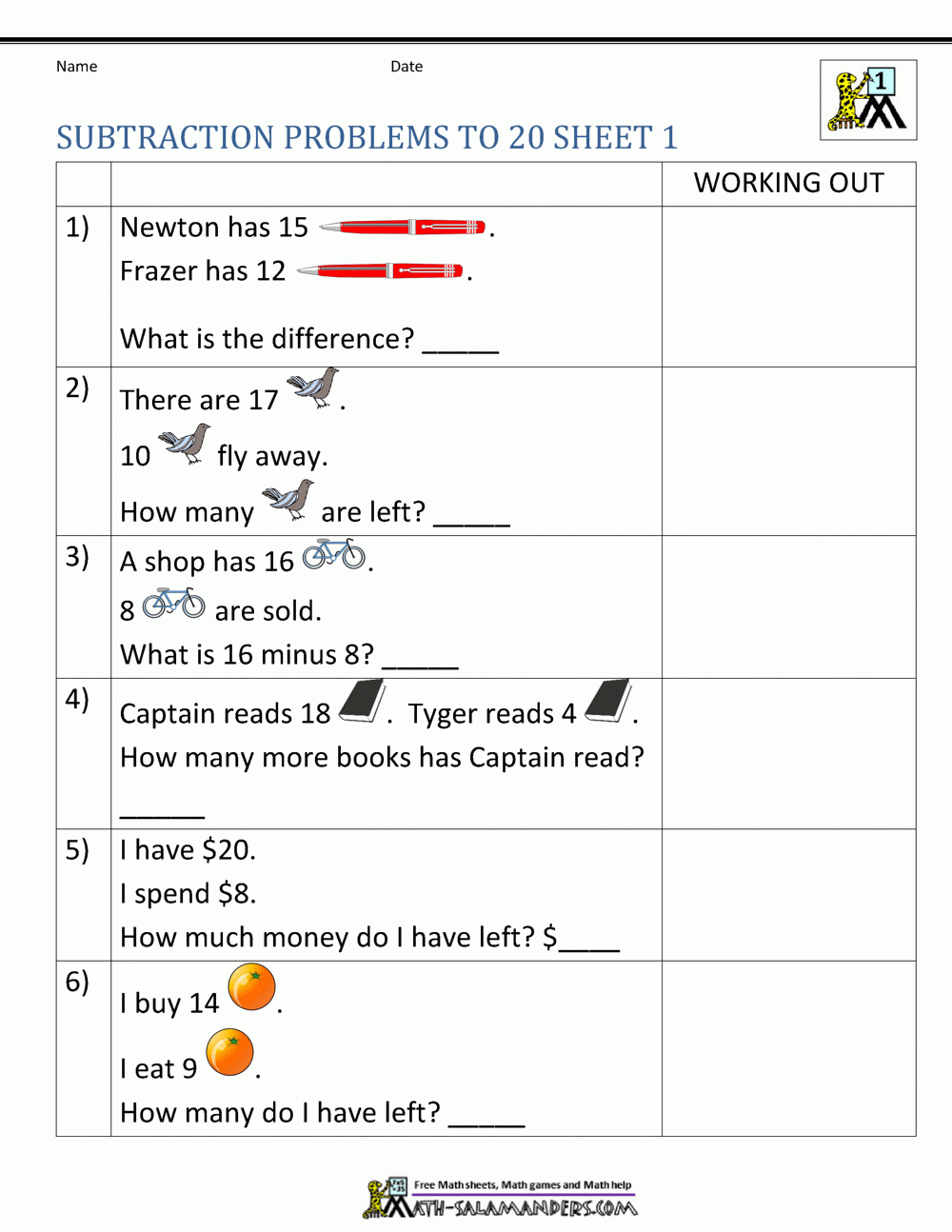 1st Grade Subtraction Word Problems